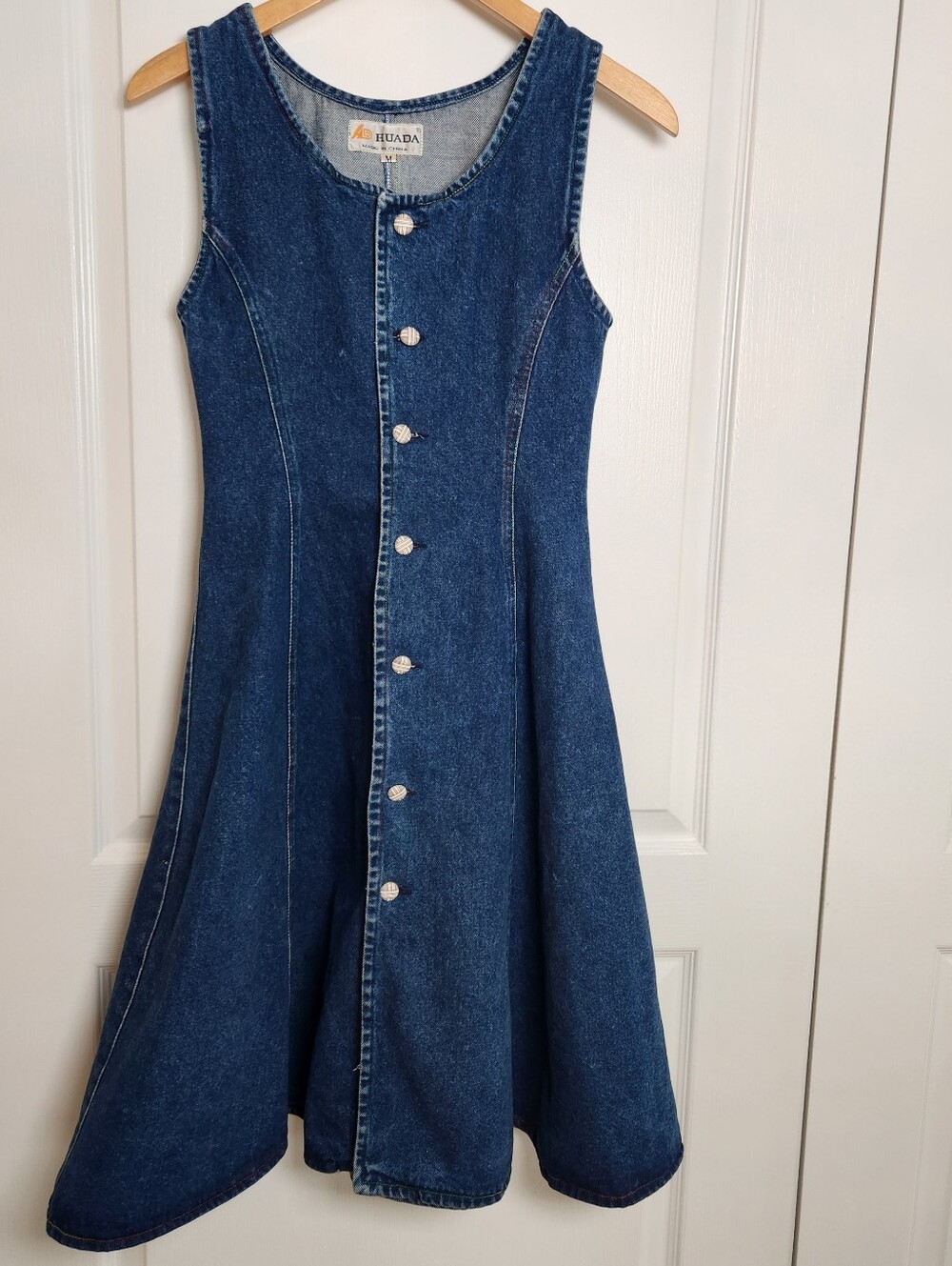 Womens Medium Sleeveless Button Down Denim Dress Fit N Flare Multicolor Seams